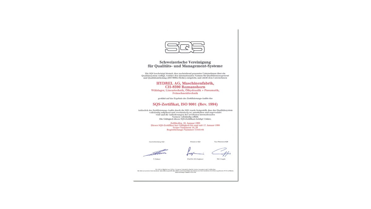 Zertifizierung des Qualitätmanagementssystems nach ISO 9001.